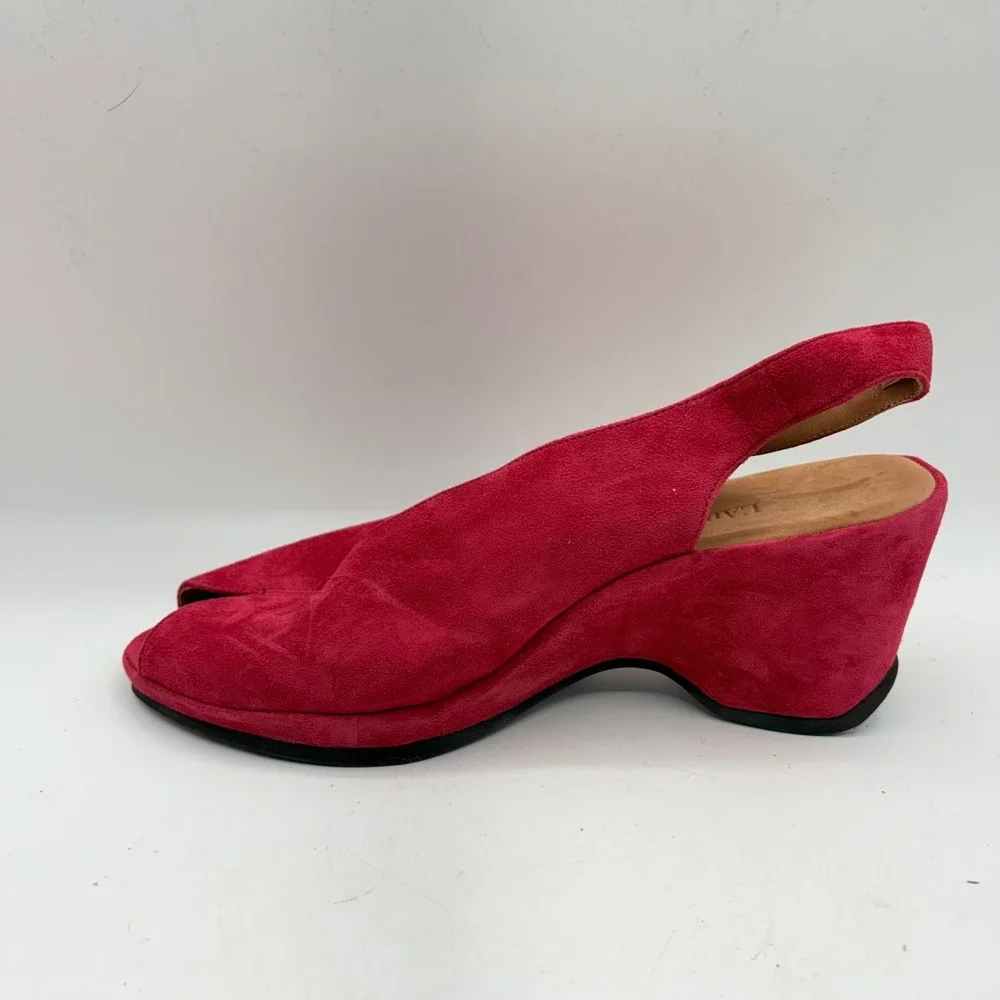L'Amour Des Pieds Raspberry Pink Suede Wedge Sandals Peep Toe Slingback 8.5M‎